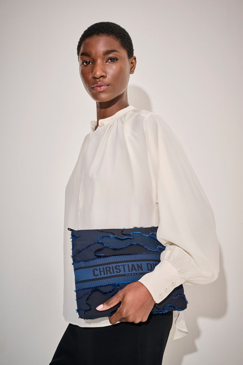 Christian Dior Navy Blue Hand-Stitched Fabric Clutch