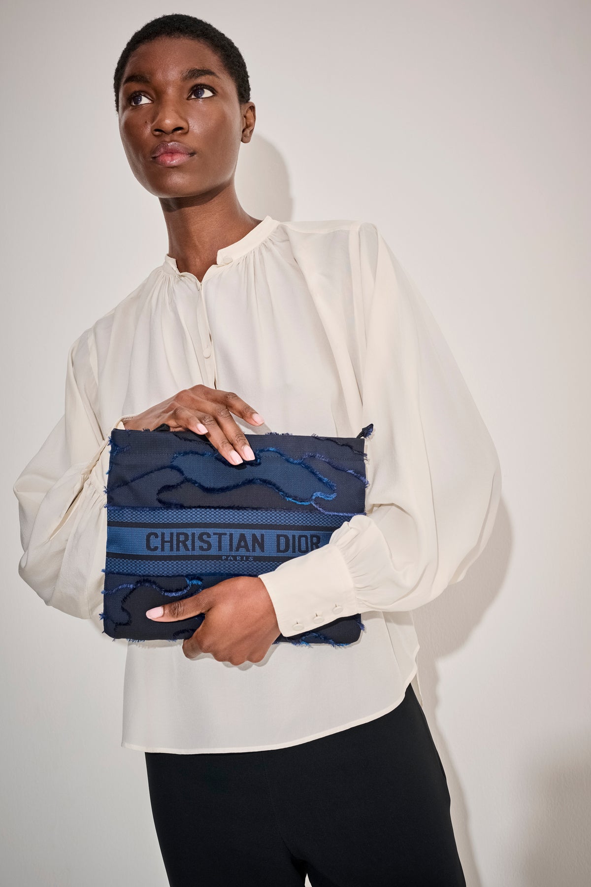 Christian Dior Navy Blue Hand-Stitched Fabric Clutch